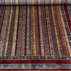 Shaal 7.6 x 5.8 Wool Rug – Tribal Stripe Symphony in Crimson & Indigo