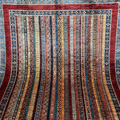 Shaal 7.6 x 5.8 Wool Rug – Tribal Stripe Symphony in Crimson & Indigo