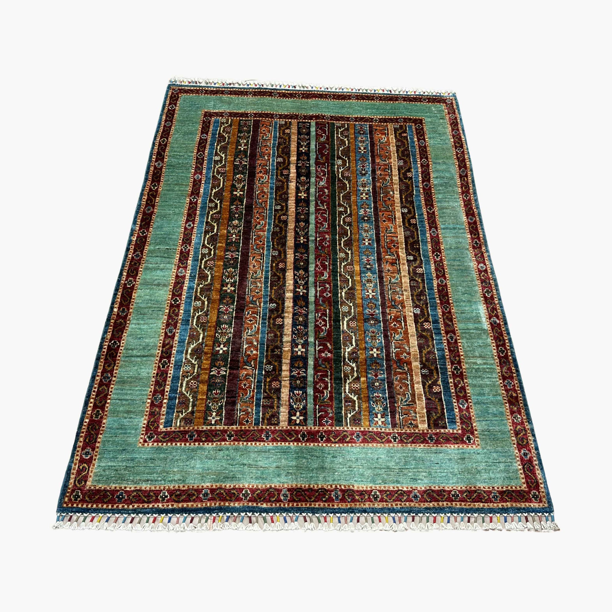 Shaal 6 x 4.3 Wool Rug – Turquoise Field & Tribal Stripe Harmony