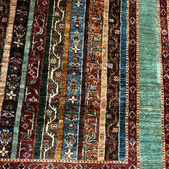 Shaal 6 x 4.3 Wool Rug – Turquoise Field & Tribal Stripe Harmony