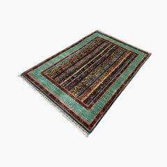 Shaal 6 x 4.3 Wool Rug – Turquoise Field & Tribal Stripe Harmony