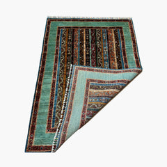 Shaal 6 x 4.3 Wool Rug – Turquoise Field & Tribal Stripe Harmony