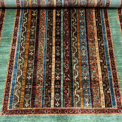 Shaal 6 x 4.3 Wool Rug – Turquoise Field & Tribal Stripe Harmony
