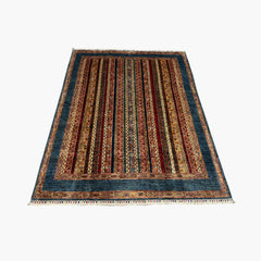 Shaal 6.2 x 5 Wool Rug – Tribal Stripe Harmony in Midnight Blue & Crimson