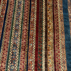 Shaal 6.2 x 5 Wool Rug – Tribal Stripe Harmony in Midnight Blue & Crimson