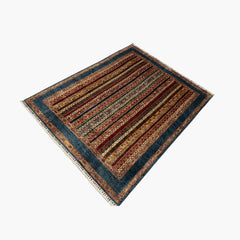 Shaal 6.2 x 5 Wool Rug – Tribal Stripe Harmony in Midnight Blue & Crimson