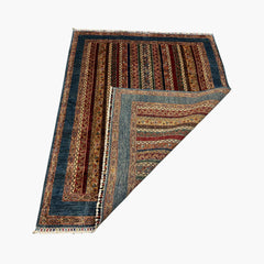 Shaal 6.2 x 5 Wool Rug – Tribal Stripe Harmony in Midnight Blue & Crimson