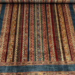 Shaal 6.2 x 5 Wool Rug – Tribal Stripe Harmony in Midnight Blue & Crimson