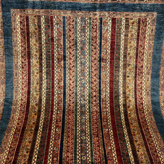 Shaal 6.2 x 5 Wool Rug – Tribal Stripe Harmony in Midnight Blue & Crimson