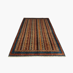 Shaal 9.8 x 6.8 Wool Rug – Tribal Stripe Harmony in Rust, Teal & Gold