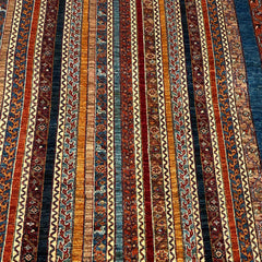 Shaal 9.8 x 6.8 Wool Rug – Tribal Stripe Harmony in Rust, Teal & Gold