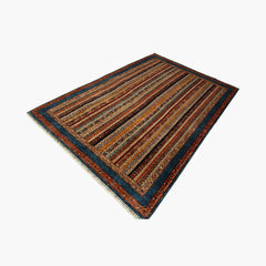 Shaal 9.8 x 6.8 Wool Rug – Tribal Stripe Harmony in Rust, Teal & Gold