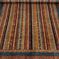 Shaal 9.8 x 6.8 Wool Rug – Tribal Stripe Harmony in Rust, Teal & Gold