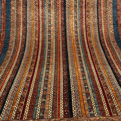 Shaal 9.8 x 6.8 Wool Rug – Tribal Stripe Harmony in Rust, Teal & Gold