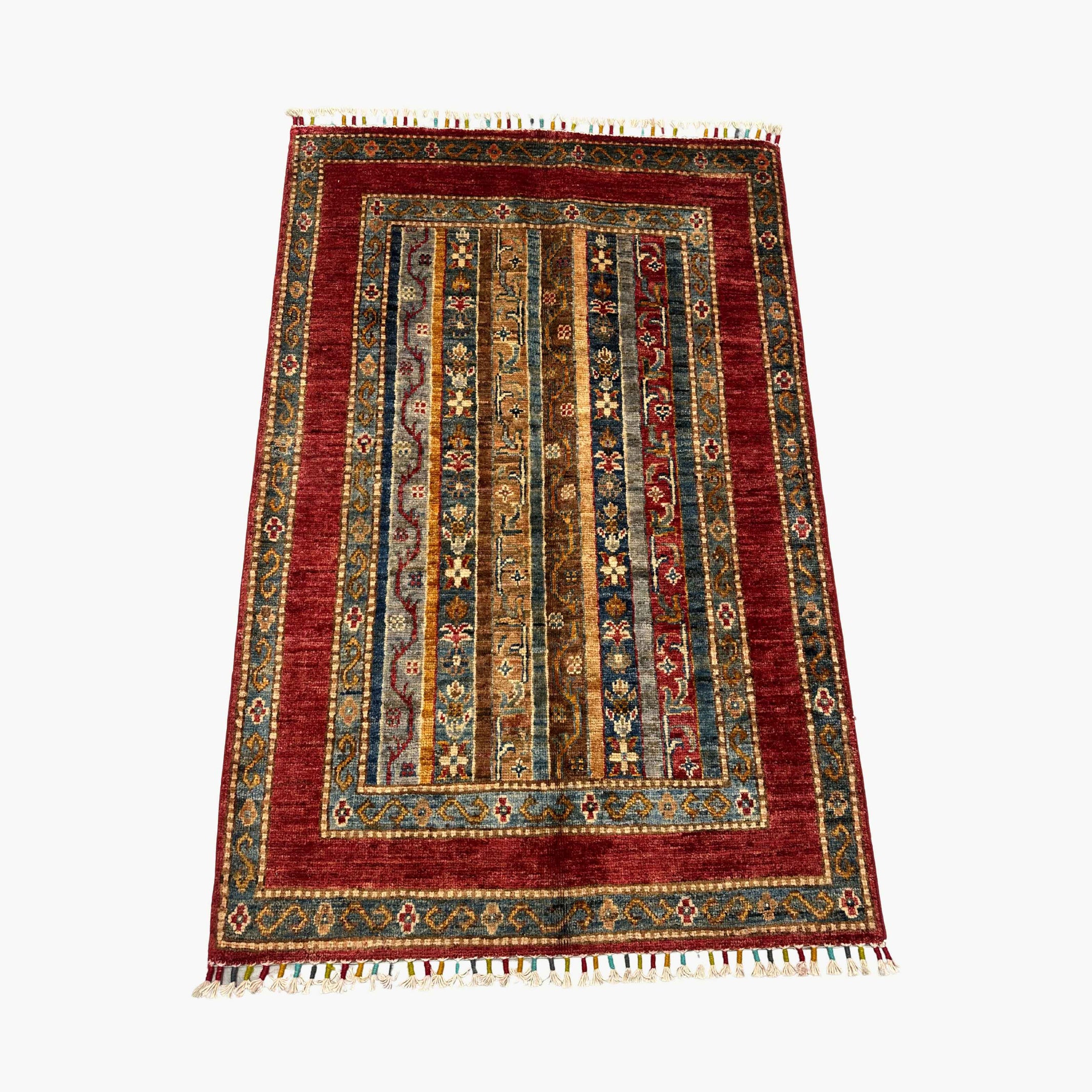 Shaal 4 x 2.7 Wool Rug – Tribal Stripe Harmony in Ruby & Teal