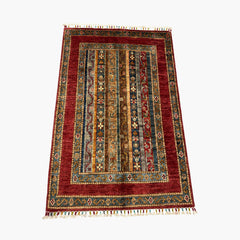 Shaal 4 x 2.7 Wool Rug – Tribal Stripe Harmony in Ruby & Teal