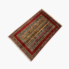 Shaal 4 x 2.7 Wool Rug – Tribal Stripe Harmony in Ruby & Teal