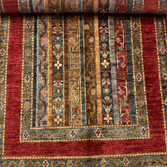 Shaal 4 x 2.7 Wool Rug – Tribal Stripe Harmony in Ruby & Teal