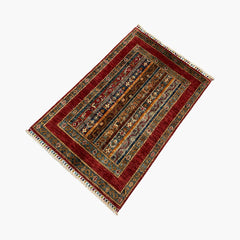 Shaal 4 x 2.6 Wool Rug – Crimson Borders & Tribal Stripes