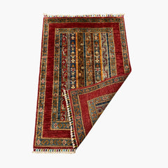 Shaal 4 x 2.6 Wool Rug – Crimson Borders & Tribal Stripes