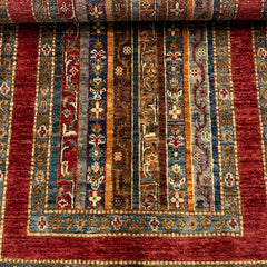 Shaal 4 x 2.6 Wool Rug – Crimson Borders & Tribal Stripes