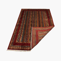 Shaal 7.7 x 5.6 Wool Rug – Tribal Chevron & Motif Stripes in Ruby & Earth Tones