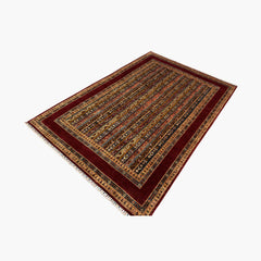 Shaal 9.7 x 6.6 Wool Rug – Tribal Stripe Symphony in Ruby & Earth Tones
