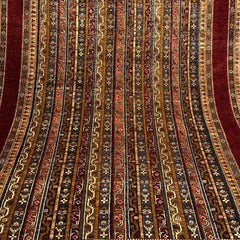 Shaal 9.7 x 6.6 Wool Rug – Tribal Stripe Symphony in Ruby & Earth Tones