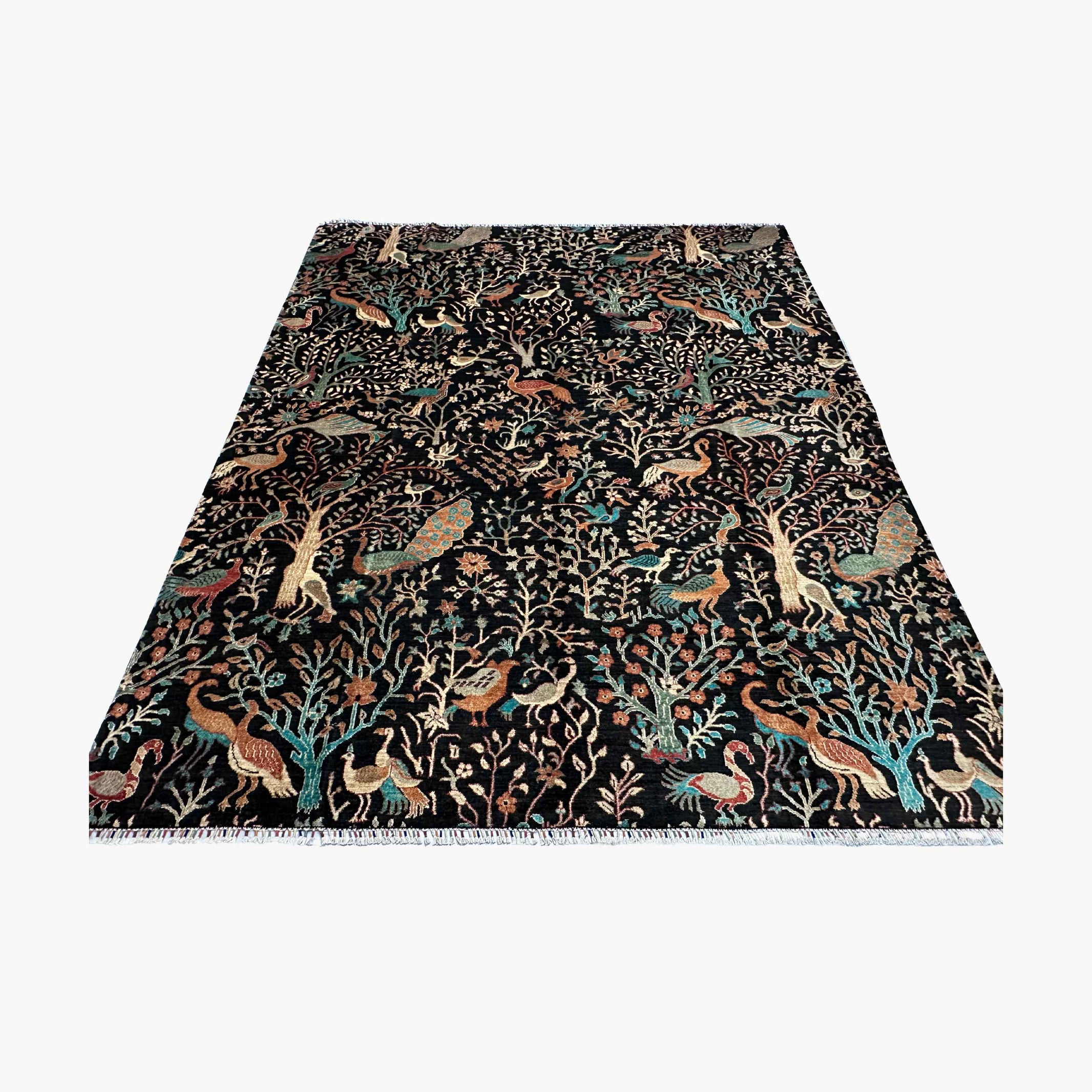 Shekari 9.6 x 8.2 Wool Rug – Black Tree of Life with Vibrant Birds