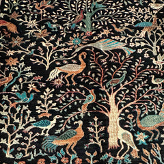 Shekari 9.6 x 8.2 Wool Rug – Black Tree of Life with Vibrant Birds