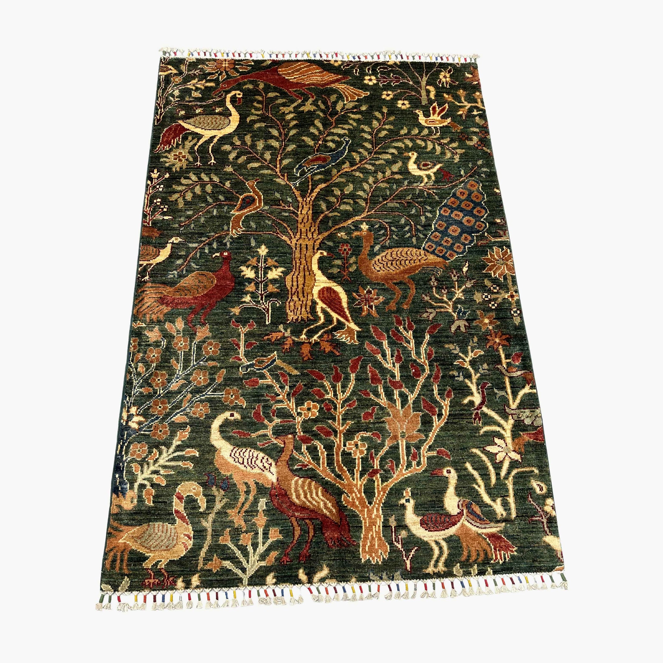 Shekari 5 x 3.3 Wool Rug – Tree of Life & Exotic Birds on Deep Forest Green