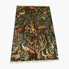 Shekari 5 x 3.3 Wool Rug – Tree of Life & Exotic Birds on Deep Forest Green