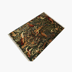 Shekari 5 x 3.3 Wool Rug – Tree of Life & Exotic Birds on Deep Forest Green