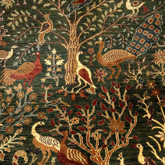Shekari 5 x 3.3 Wool Rug – Tree of Life & Exotic Birds on Deep Forest Green