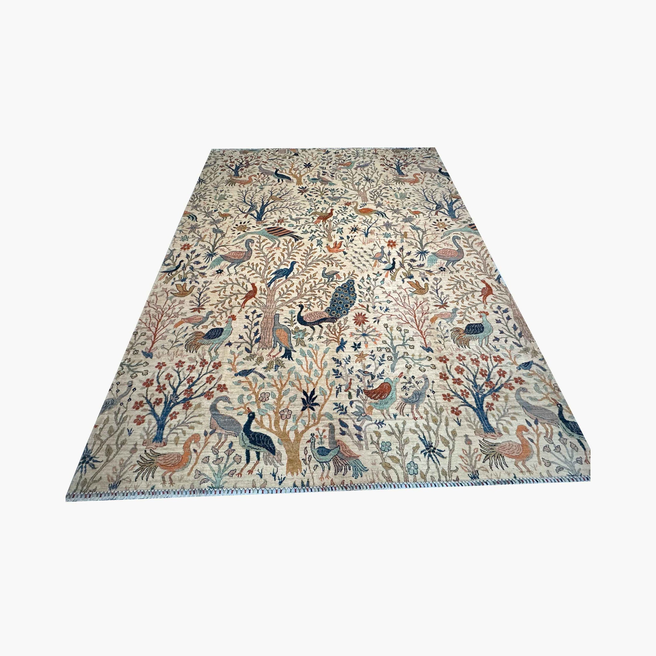 Shekari 11.7 x 9.3 Wool Rug – Ivory Tree of Life with Graceful Birds