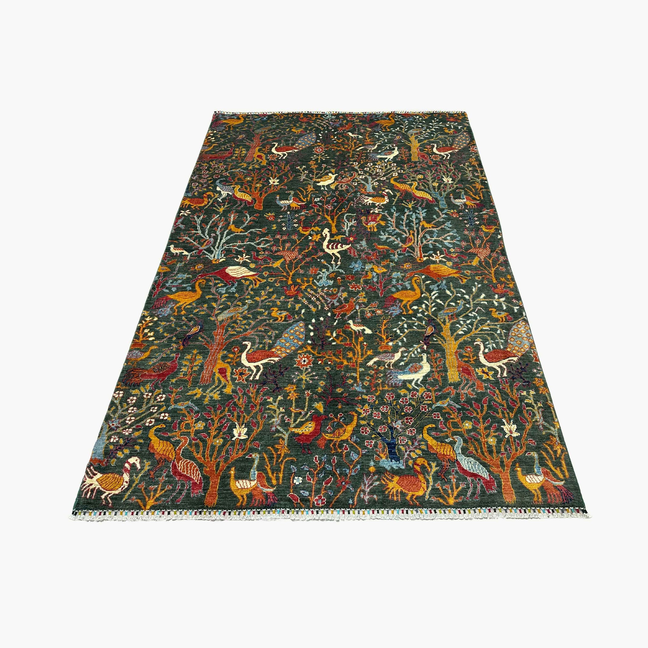 Shekari 9.7 x 6.5 Wool Rug – Garden of Paradise in Soft Dove Grey with Peacocks & Blossoms