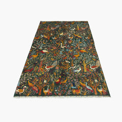 Shekari 9.7 x 6.5 Wool Rug – Garden of Paradise in Soft Dove Grey with Peacocks & Blossoms