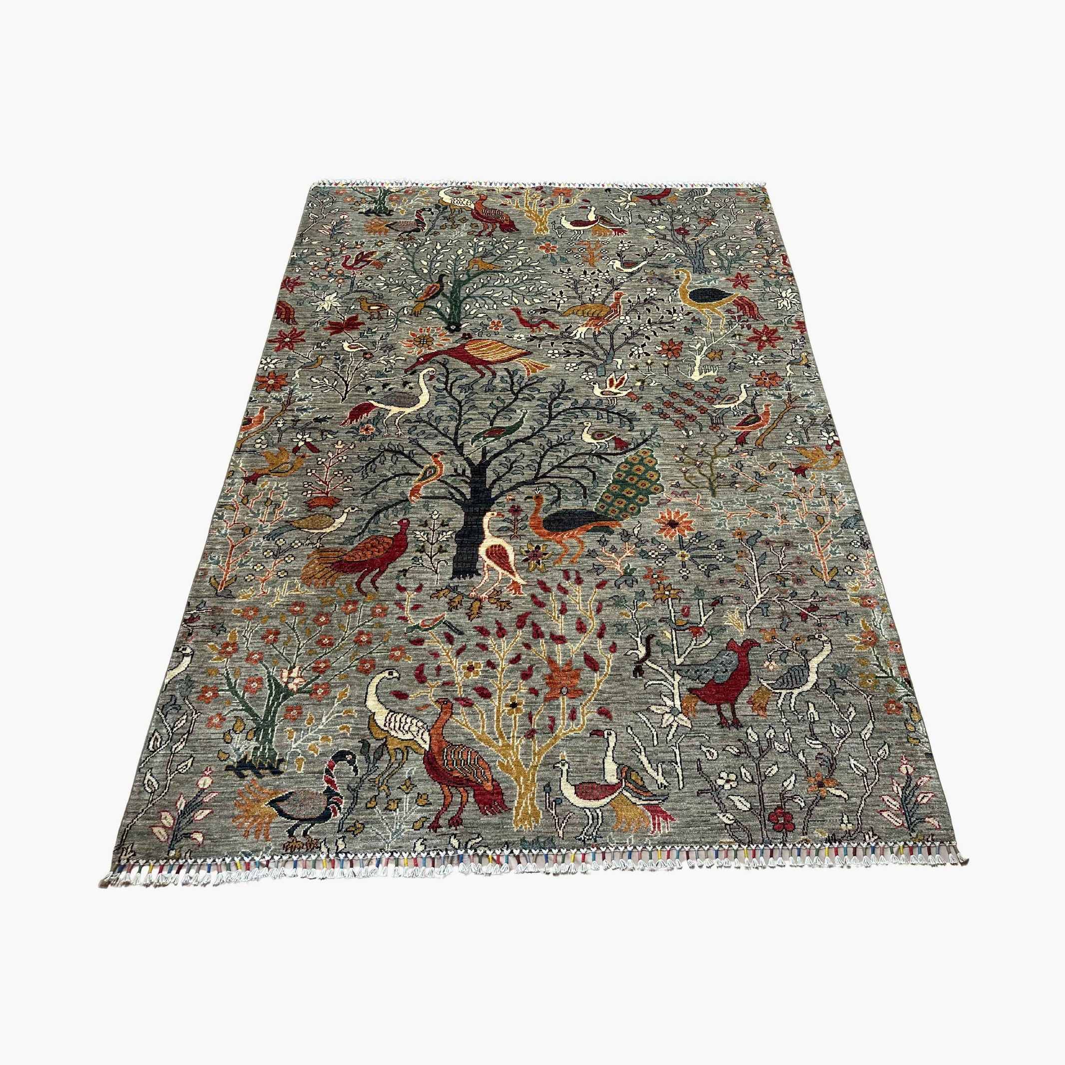 Shekari 7.8 x 5.8 Wool Rug – Persian Hunting Garden Scene in Mist Grey & Jewel Tones