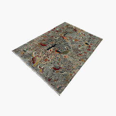 Shekari 7.8 x 5.8 Wool Rug – Persian Hunting Garden Scene in Mist Grey & Jewel Tones