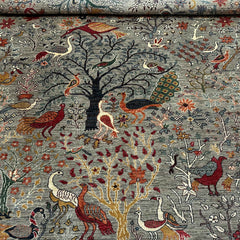 Shekari 7.8 x 5.8 Wool Rug – Persian Hunting Garden Scene in Mist Grey & Jewel Tones