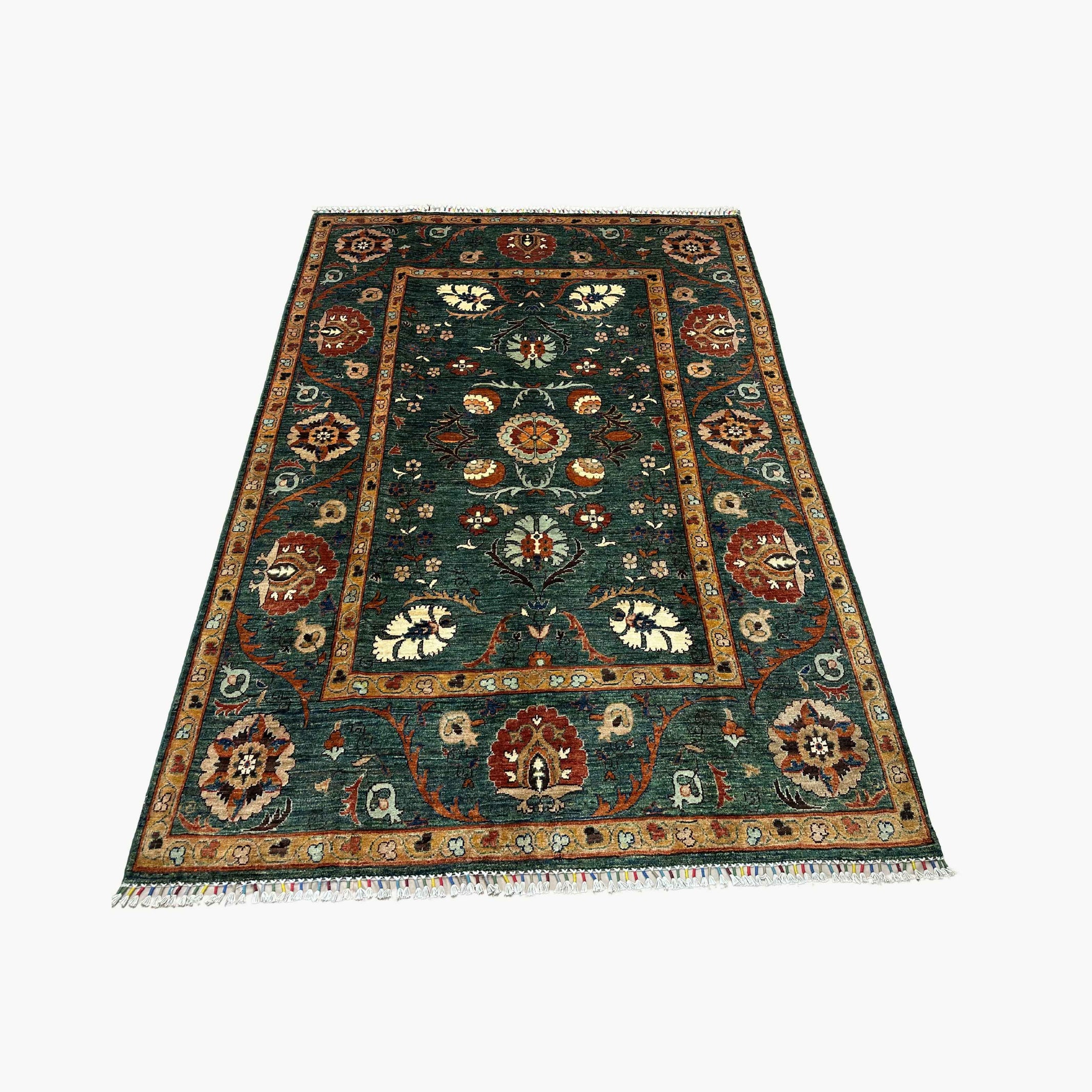 Sozani 7.9 x 5.6 Wool Rug – Emerald Field with Floral Medallions