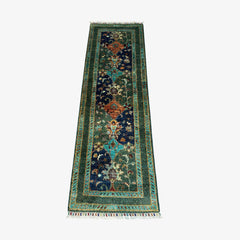 Sultani 6.5 x 2 Wool Runner – Teal & Navy with Central Medallion and Vine Motifs