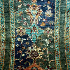 Sultani 6.5 x 2 Wool Runner – Teal & Navy with Central Medallion and Vine Motifs