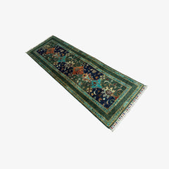 Sultani 6.5 x 2 Wool Runner – Teal & Navy with Central Medallion and Vine Motifs