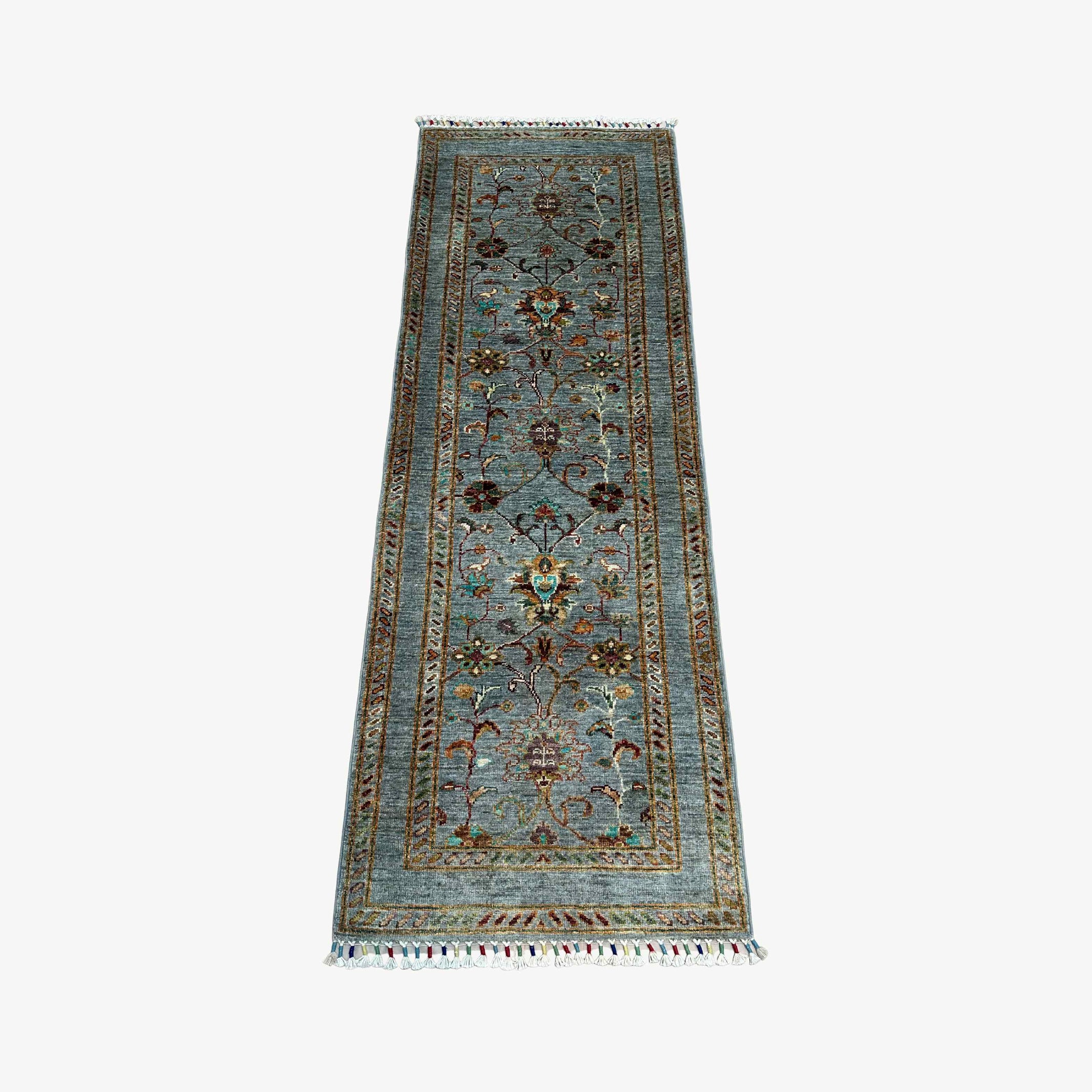 Sultani 5.8 x 2 Wool Runner – Sky Blue with Floral Vine Motifs