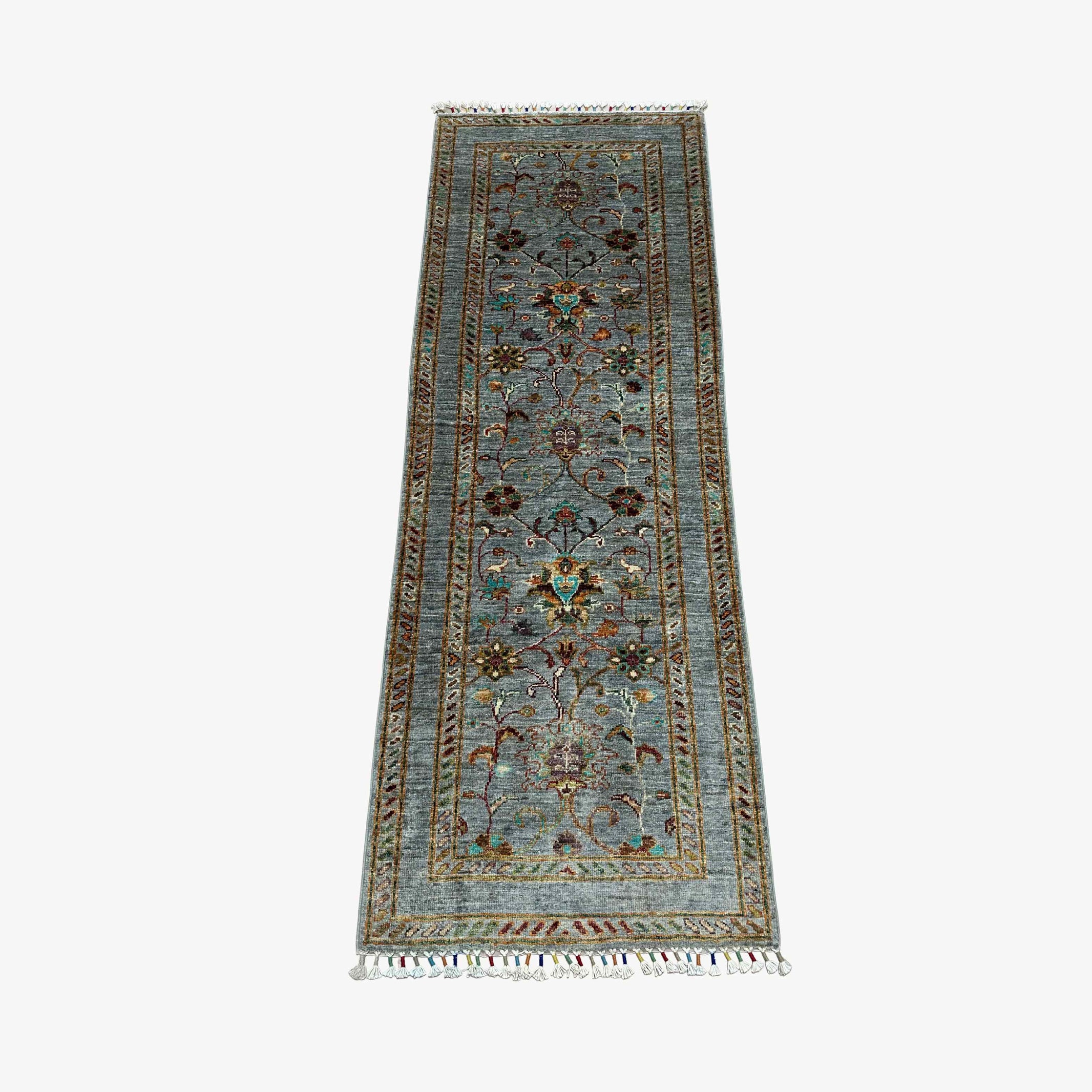 Sultani 5.9 x 2.1 Wool Runner – Sky Blue with Floral Vine & Tree Motifs