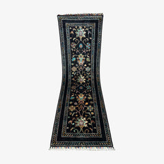 Sultani 6.4 x 2 Wool Runner – Midnight Black with Floral & Tree Motifs