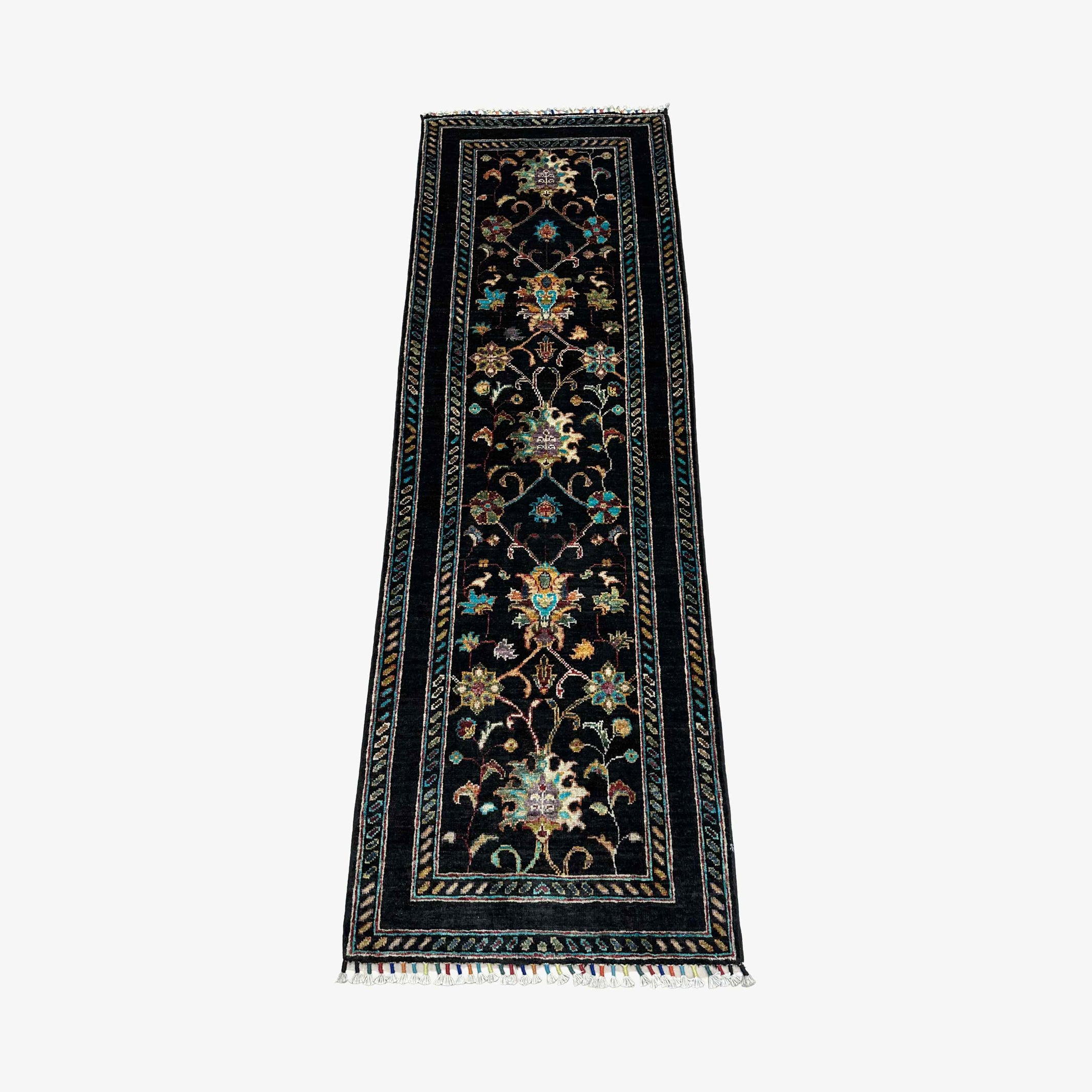 Sultani 6.4 x 2 Wool Runner – Midnight Black with Floral & Tree Motifs