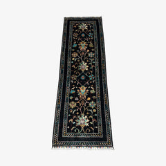 Sultani 6.4 x 2 Wool Runner – Midnight Black with Floral & Tree Motifs