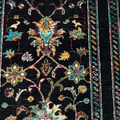 Sultani 6.4 x 2 Wool Runner – Midnight Black with Floral & Tree Motifs